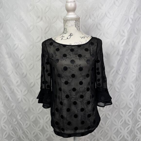 Kate Spade Silk Sheer Polka Dot Evi Flutter Sleeve Black Top Size 00 - Picture 12 of 12